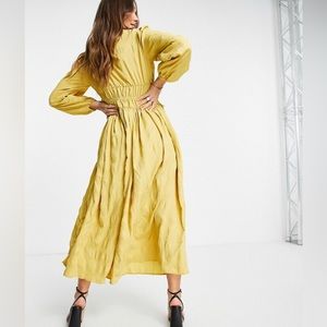 ASOS DESIGN Long Sleeve Gathered Waist Seersucker Maxi Dress